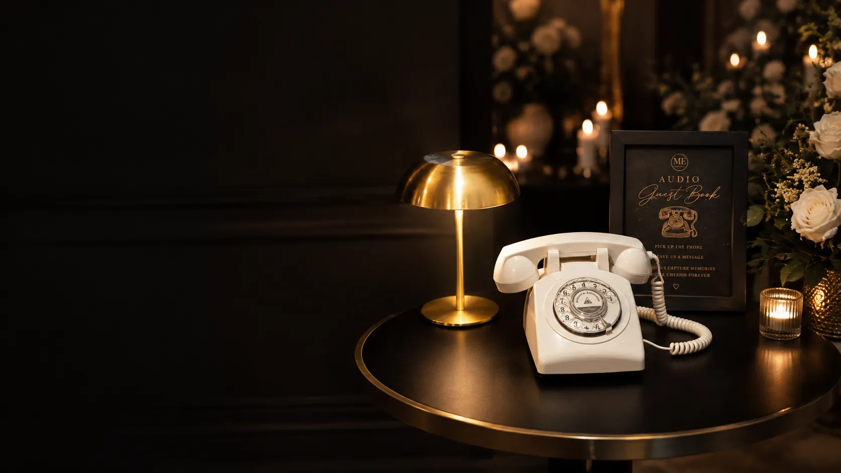 White Audio Guest Book telephone beside a gold lamp and wedding flowers